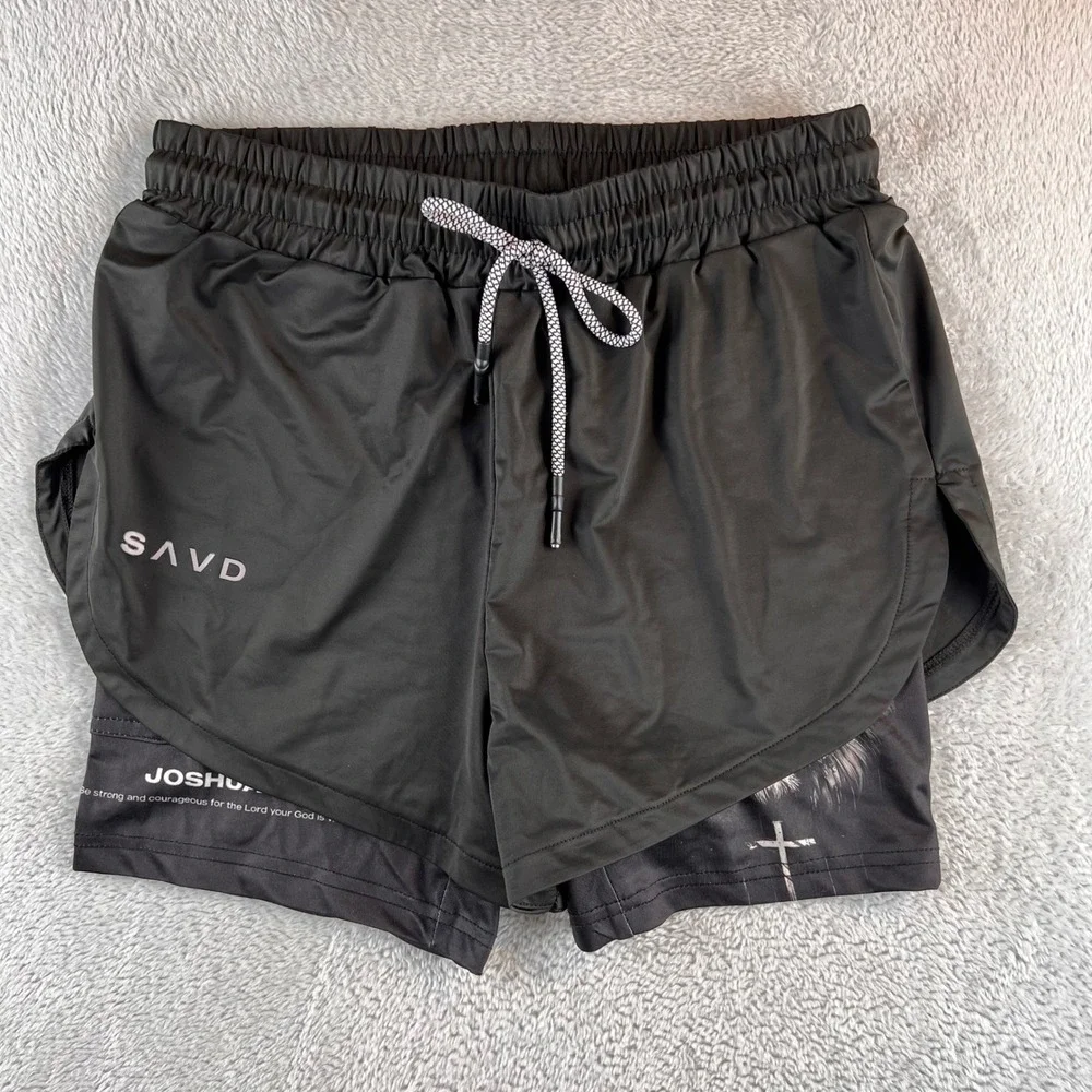SAVD Joshua 1:9 Christian Athletic Shorts Black 2-in-1 Running Gym Mens XS NWOT